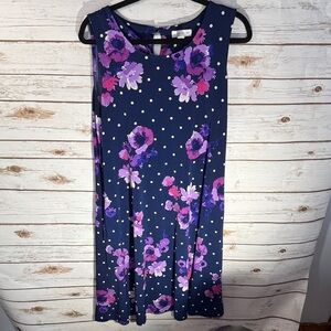 Susan Graver Sleeveless Dress Navy Blue Floral and Polka Dot Women  L EUC